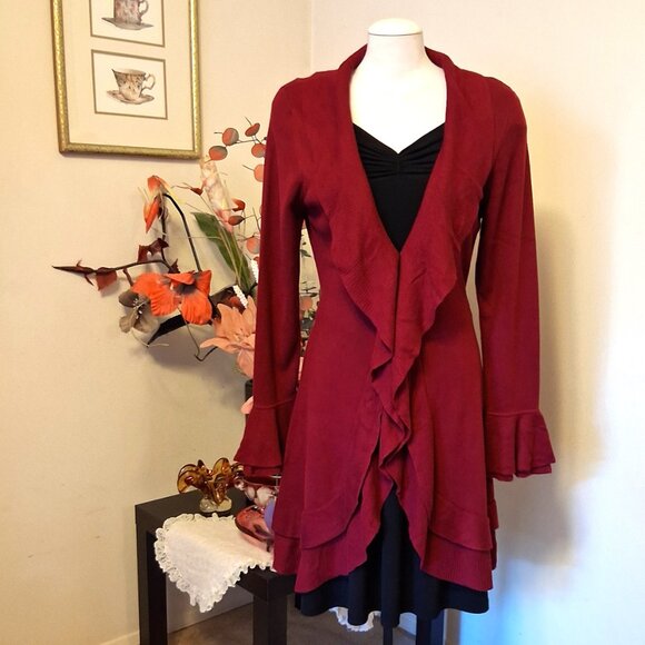 NWT Woman's Simon Chang Wine Burgundy Cardigan Coat Knit Long Outerwear - Picture 8 of 11